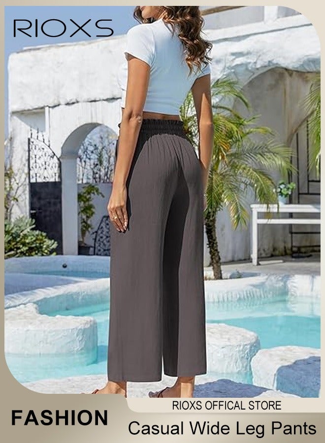 Wide Leg Ruffle Pants For Women Girls Casual Loose High Waist Tie-Knot Trousers With Pockets Woman's Summer Flowy Pants