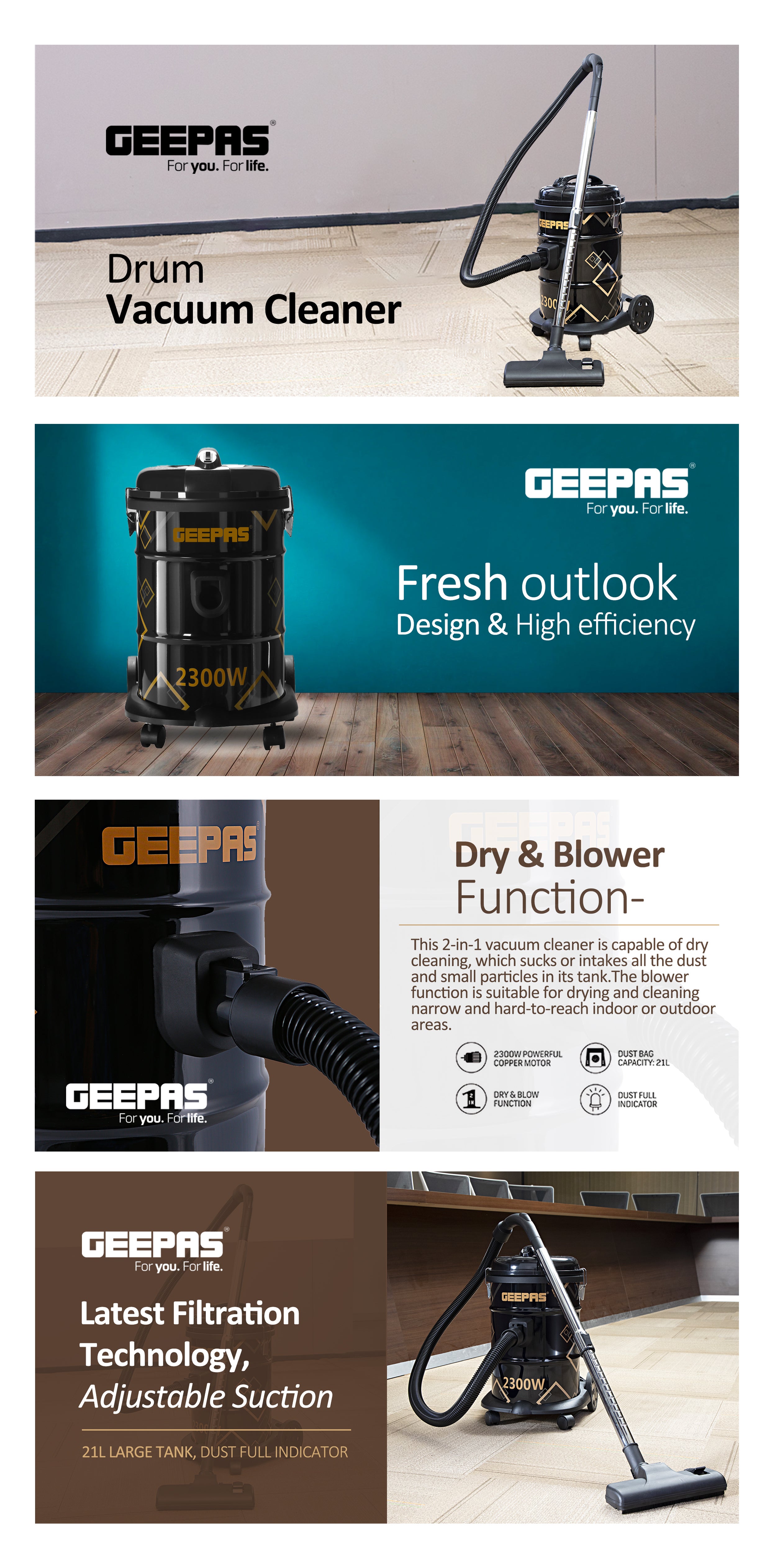 Drum Vacuum Cleaner With 25 L Dust Bag Capacity/Dry And Blow Function/Adjustable Suction Power And Multi-Filtration System/Dust Full Indicator & Perfect For Home, Apartments, Offices & Malls 2300 W GVC2598N Grey/Black
