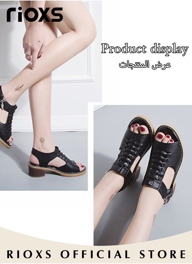 Heel Sandals For Women,Comfortable Open Toe Pump Shoes,Women's Fashion Chunky Heels Sandals,High Heel Roman Shoes With Side Zipper,Lightweight Comfy Leather Hollow Block Summer Sandals