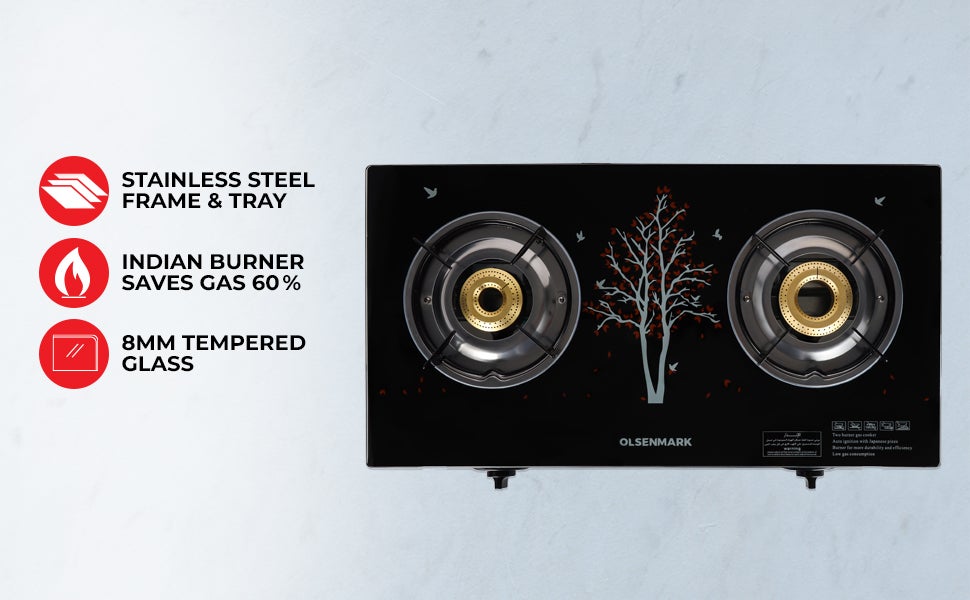 2 Burner Glass Top Gas Stove Cooktop OMK2225 Black