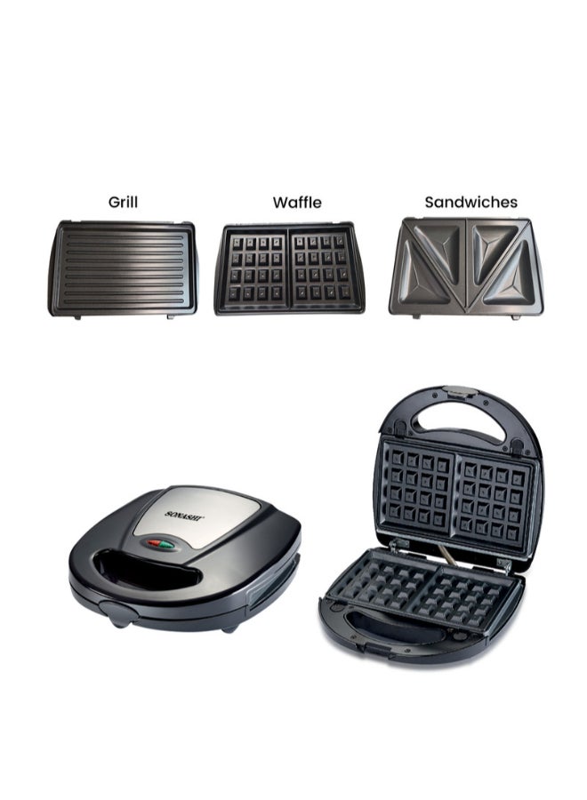 Multi-Snack Maker 3-in-1 - Non-Stick Detachable Cooking Plate | Cooks Delicious Crispy Sandwiches/Waffles/Grills | Cool Touch Handle | Automatic Temperature Control 760 W SSM-861 Black/Silver