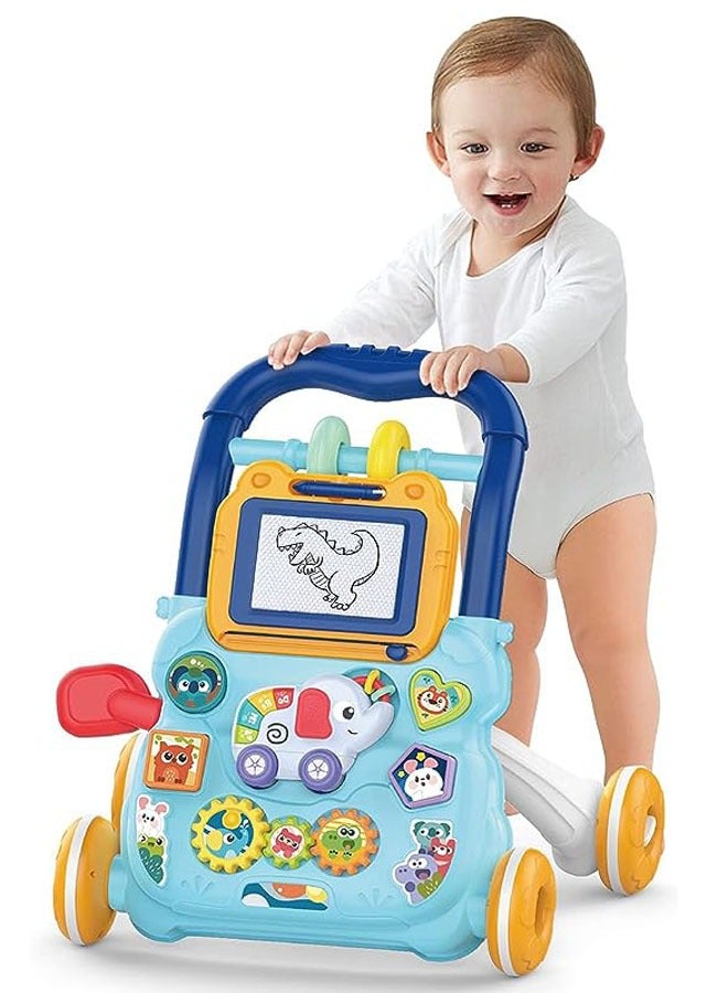 Multifunctional baby walker, learning to walk and stand stroller with drawing board, music, toys and anti-rollover