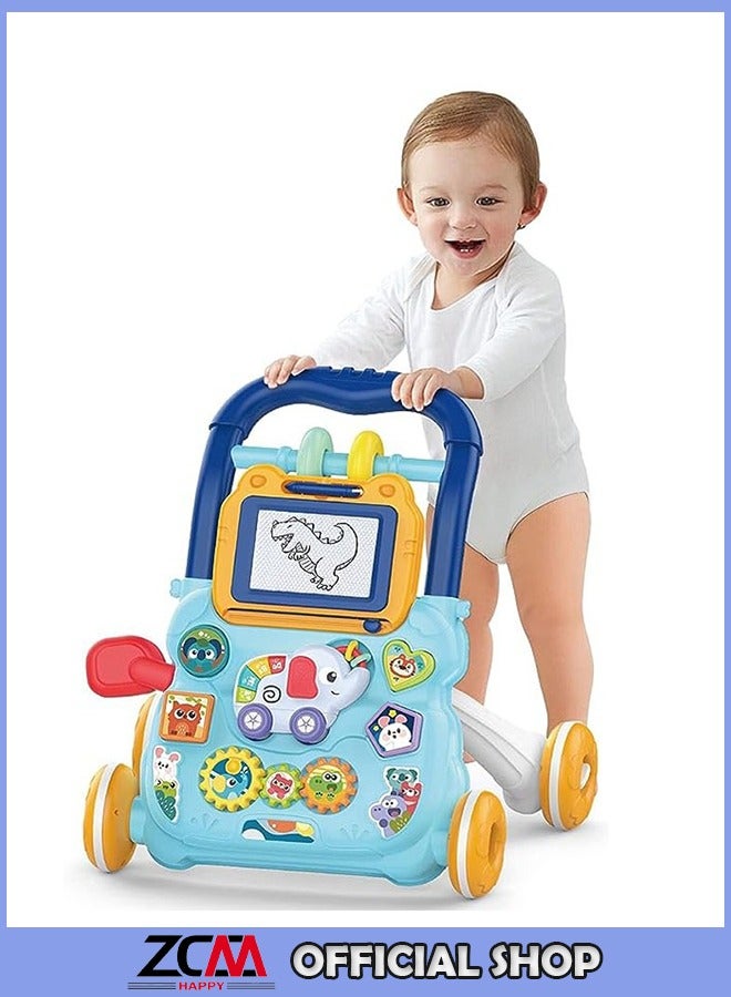 Multifunctional baby walker, learning to walk and stand stroller with drawing board, music, toys and anti-rollover