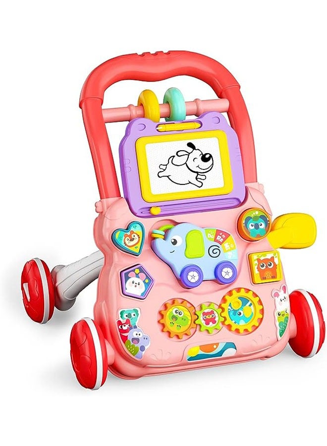 Multifunctional baby walker, learning to walk and stand stroller with drawing board, music, toys and anti-rollover