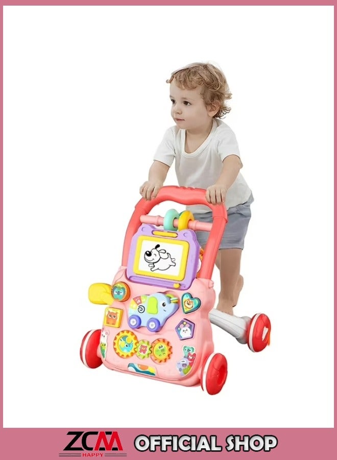 Multifunctional baby walker, learning to walk and stand stroller with drawing board, music, toys and anti-rollover