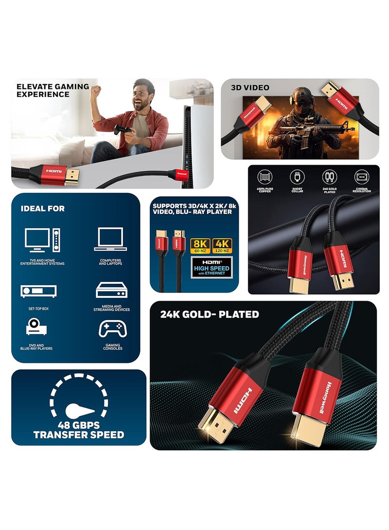 HDMI 2.1, 8k@60Hz Cable With Ethernet, 3 Mtr (9.9ft), 4K@120Hz UHD Resolution, 48 GBPS High Speed, Comaptible With Television, Soundbar, Gaming Console, PC, Laptop Red/Black