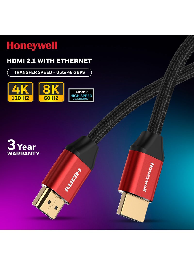 HDMI 2.1, 8k@60Hz Cable With Ethernet, 3 Mtr (9.9ft), 4K@120Hz UHD Resolution, 48 GBPS High Speed, Comaptible With Television, Soundbar, Gaming Console, PC, Laptop Red/Black