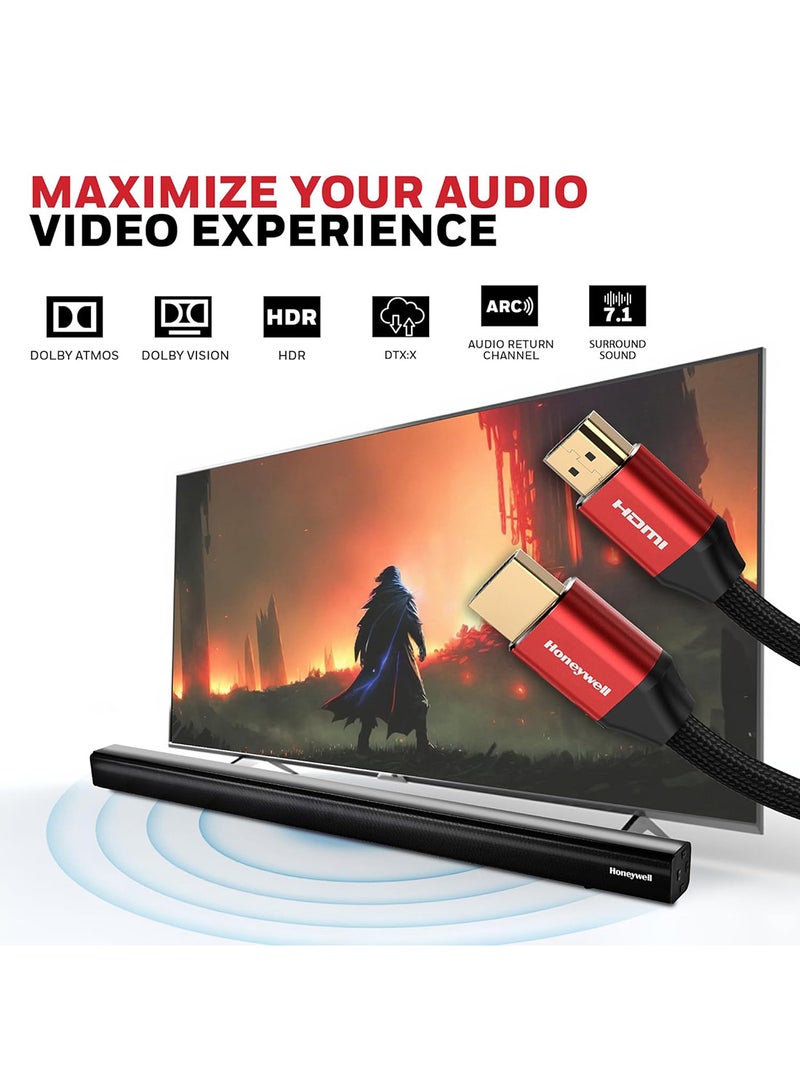 HDMI 2.1, 8k@60Hz Cable With Ethernet, 3 Mtr (9.9ft), 4K@120Hz UHD Resolution, 48 GBPS High Speed, Comaptible With Television, Soundbar, Gaming Console, PC, Laptop Red/Black