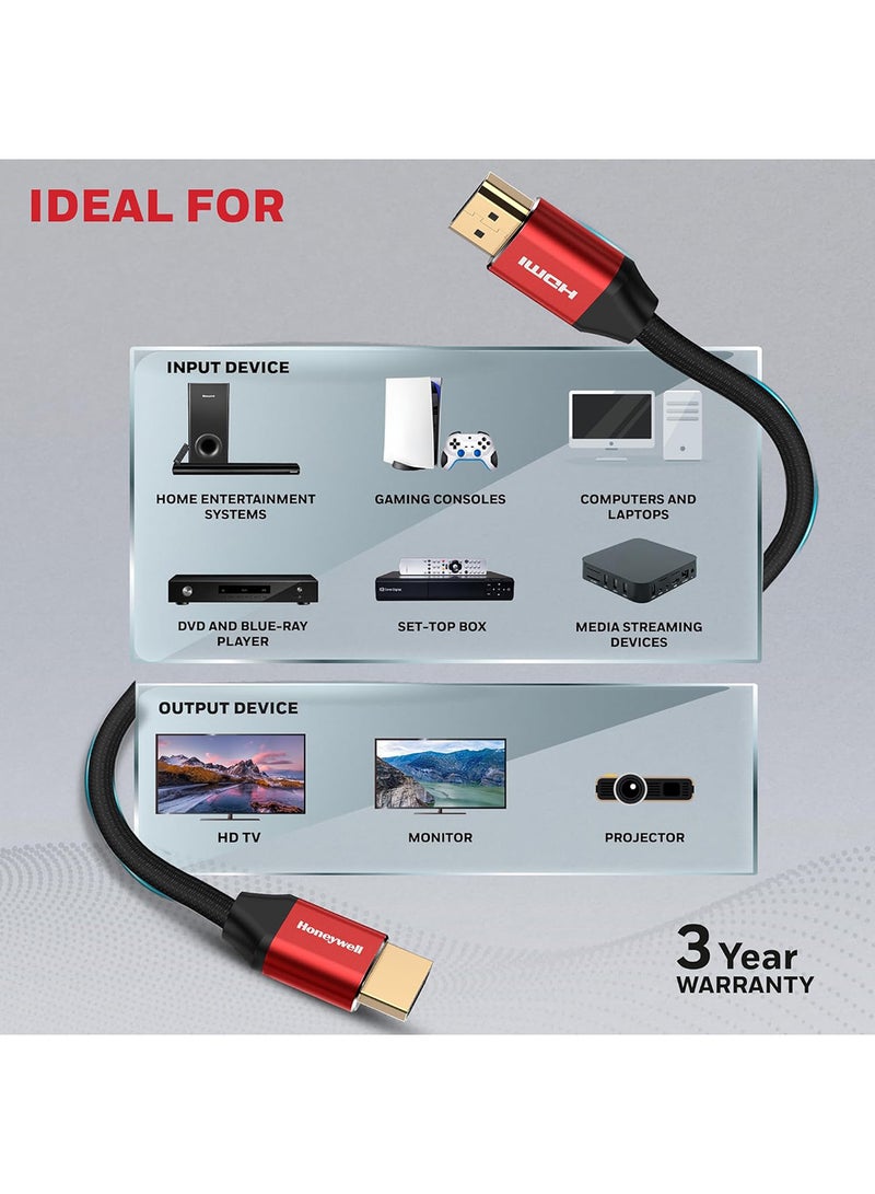 HDMI 2.1, 8k@60Hz Cable With Ethernet, 3 Mtr (9.9ft), 4K@120Hz UHD Resolution, 48 GBPS High Speed, Comaptible With Television, Soundbar, Gaming Console, PC, Laptop Red/Black