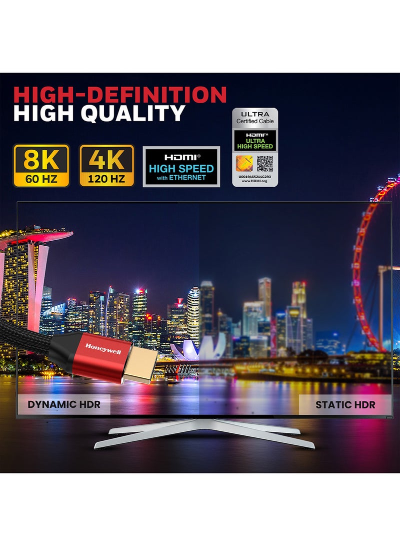 HDMI 2.1, 8k@60Hz Cable With Ethernet, 3 Mtr (9.9ft), 4K@120Hz UHD Resolution, 48 GBPS High Speed, Comaptible With Television, Soundbar, Gaming Console, PC, Laptop Red/Black