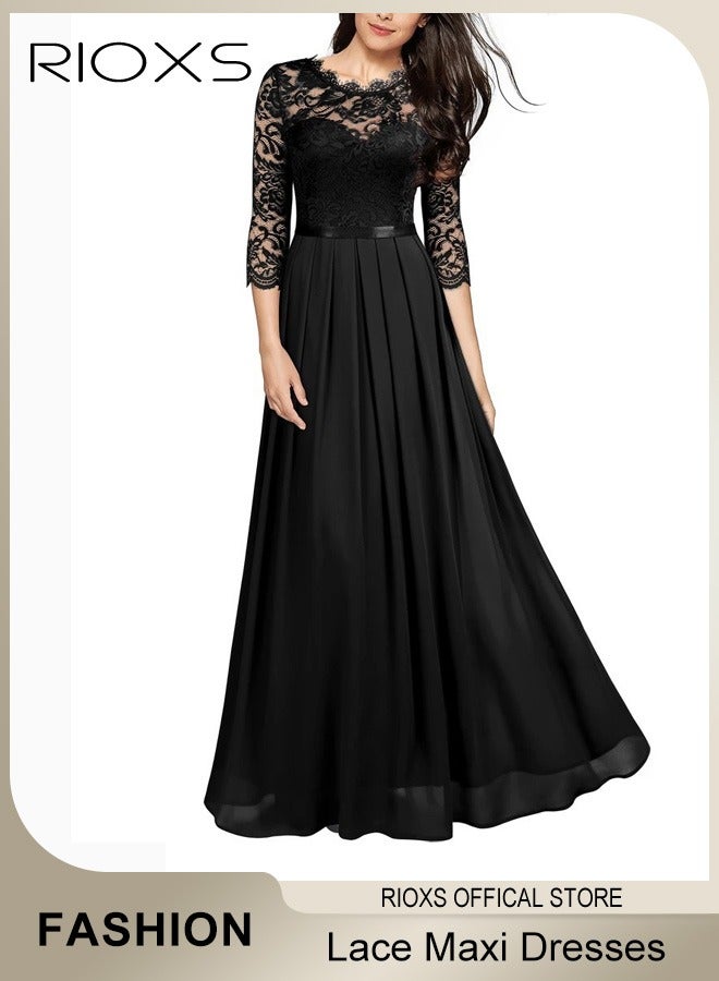 Women's Elegant Lace Long Dress 3/4 Sleeve Chiffon Party Wedding Maxi Dress Ladies Black Lace Slim Evening Cocktail Dresses For Special Occasions