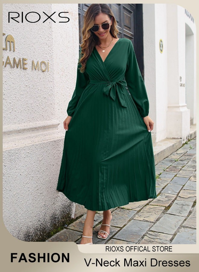 Women's V Neck Elegant Belted Long Sleeve Solid Color Maxi Dress High Waist Pleated A-Line Long Dress