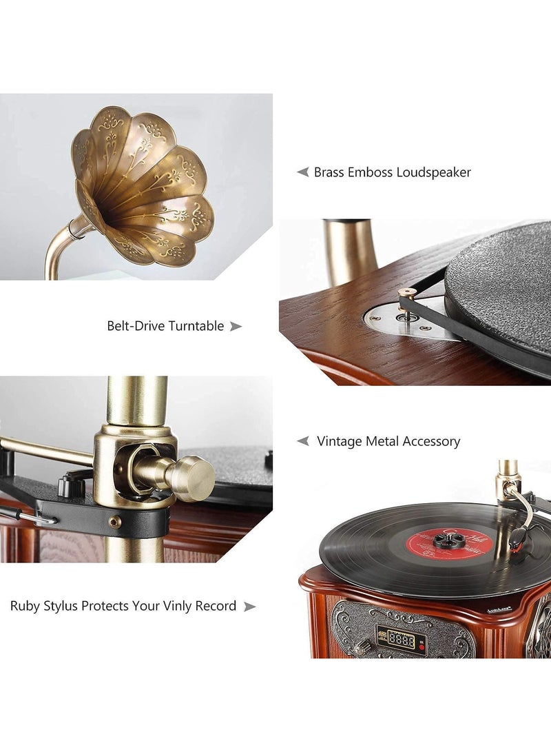 Retro All-in-One Gramophone with Bluetooth, Copper Horn, 33/45 Turntable, Built-in Subwoofer & FM Radio