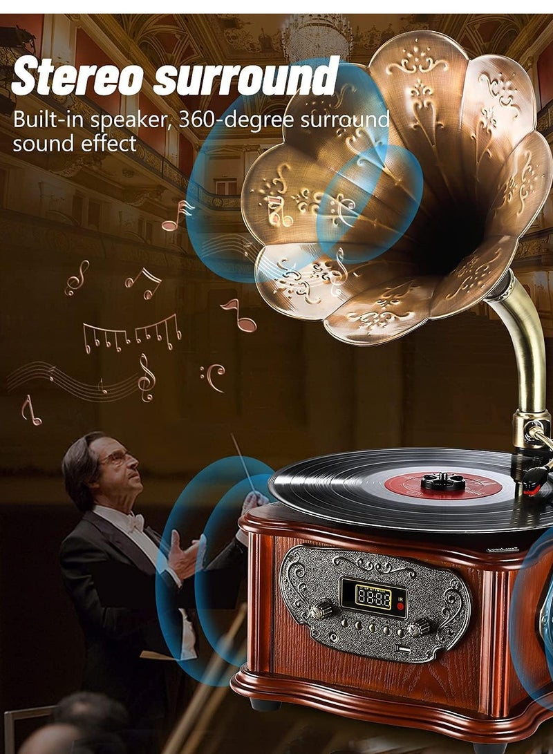 Retro All-in-One Gramophone with Bluetooth, Copper Horn, 33/45 Turntable, Built-in Subwoofer & FM Radio