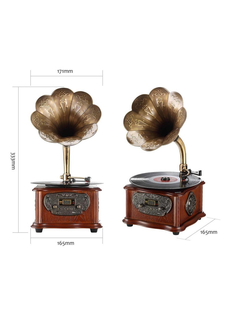 Retro All-in-One Gramophone with Bluetooth, Copper Horn, 33/45 Turntable, Built-in Subwoofer & FM Radio