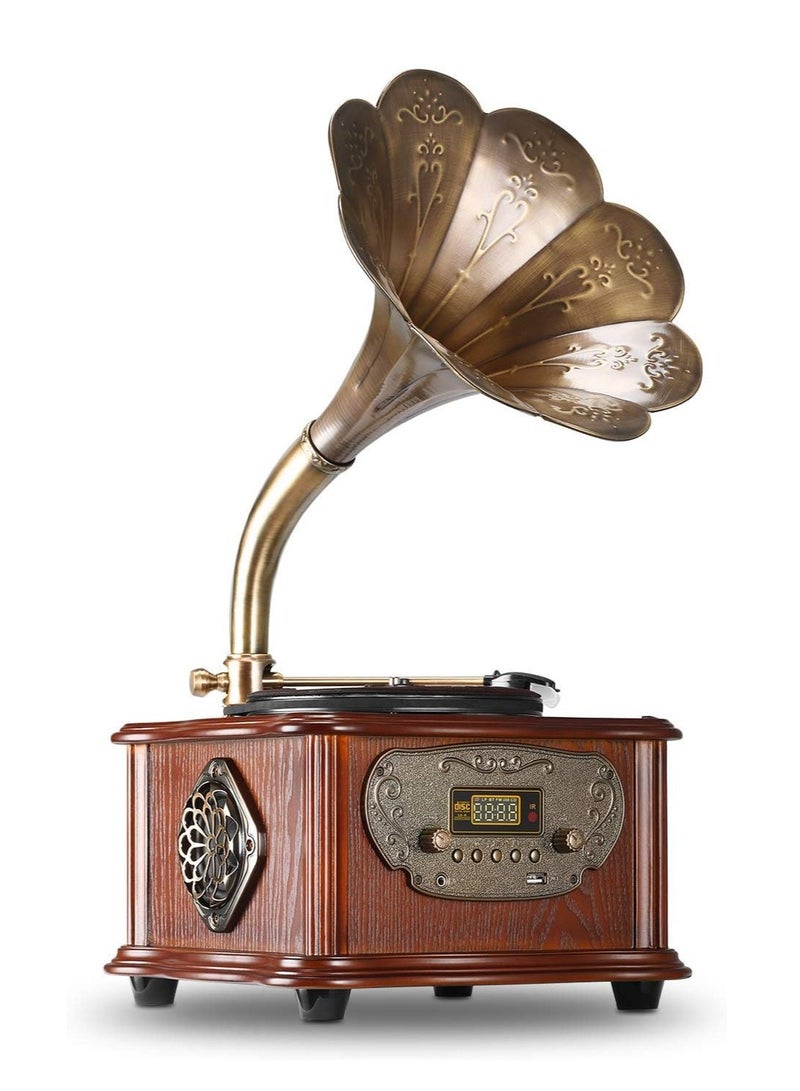 Retro All-in-One Gramophone with Bluetooth, Copper Horn, 33/45 Turntable, Built-in Subwoofer & FM Radio