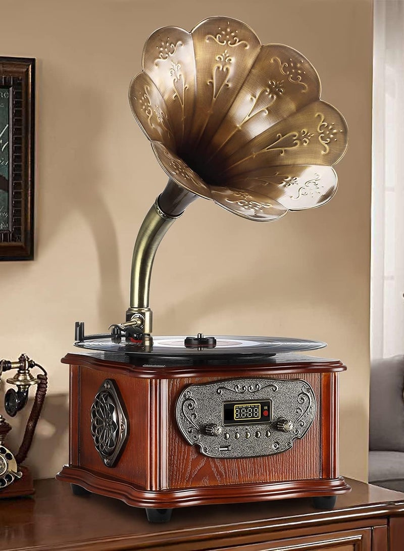 Retro All-in-One Gramophone with Bluetooth, Copper Horn, 33/45 Turntable, Built-in Subwoofer & FM Radio