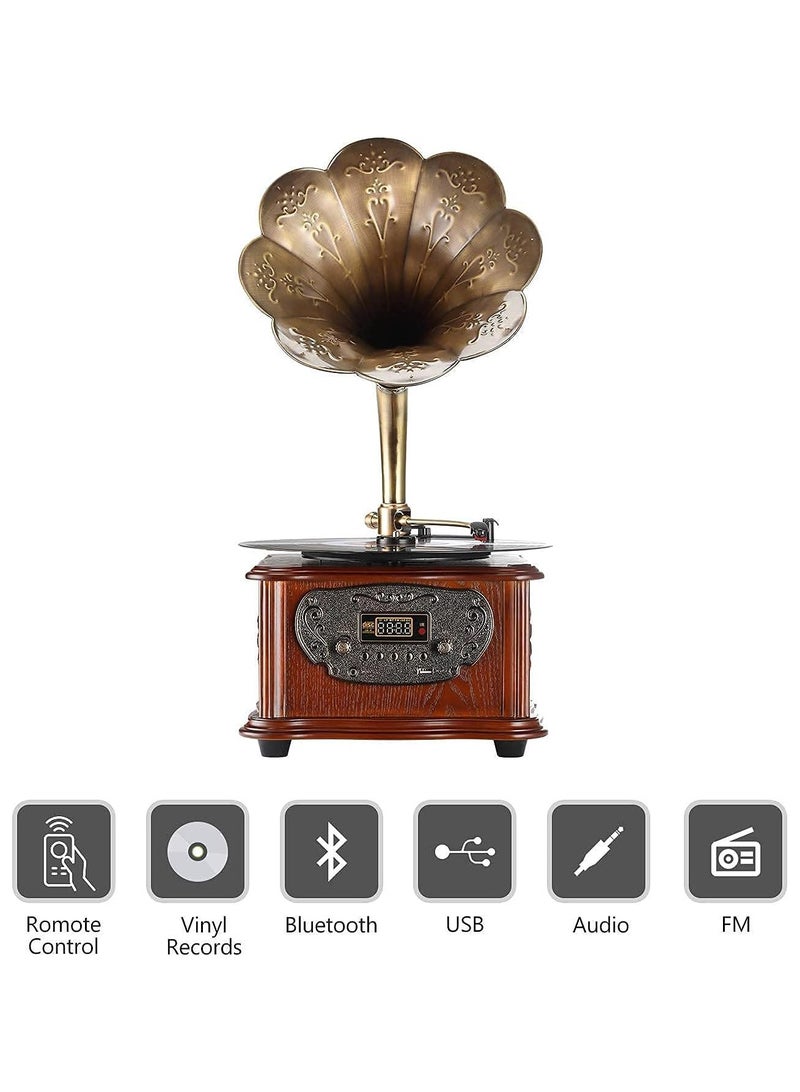 Retro All-in-One Gramophone with Bluetooth, Copper Horn, 33/45 Turntable, Built-in Subwoofer & FM Radio