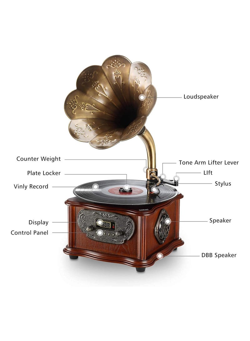 Retro All-in-One Gramophone with Bluetooth, Copper Horn, 33/45 Turntable, Built-in Subwoofer & FM Radio