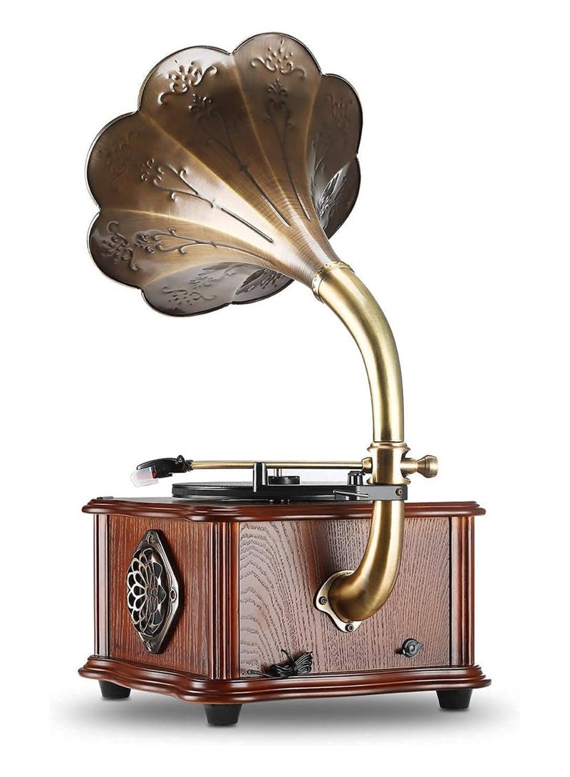 Retro All-in-One Gramophone with Bluetooth, Copper Horn, 33/45 Turntable, Built-in Subwoofer & FM Radio