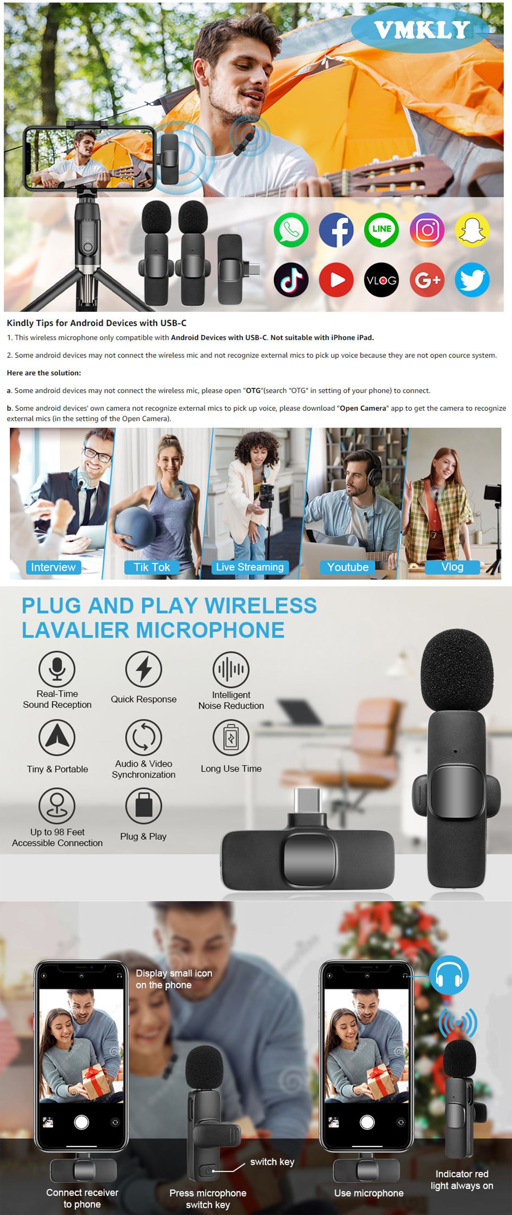 Wireless Lavalier Microphone for Type-C Phone- Plug-Play Wireless Mic with 2 Microphone for USB-C Android Phone and iPhone Video Recording- Interview- Vlog- Auto Sync and Noise Reduction- 2.4 GHZ