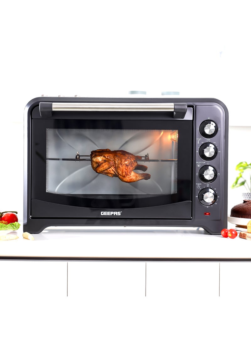 Electric Oven 60 L 2000 W| Rotisserie, Convection Functions and Inner Lamp| Easy to Use Control Knobs, 4 Stages Heating Selector, 100-230 Degree Celsius Adjustable Temperature|60 Minutes Timer Perfect for Baking, Roasting, Cooking Meat, Cakes Etc.| 2 Years Warranty 60 L 2000 W GO4401NV Black/Silver