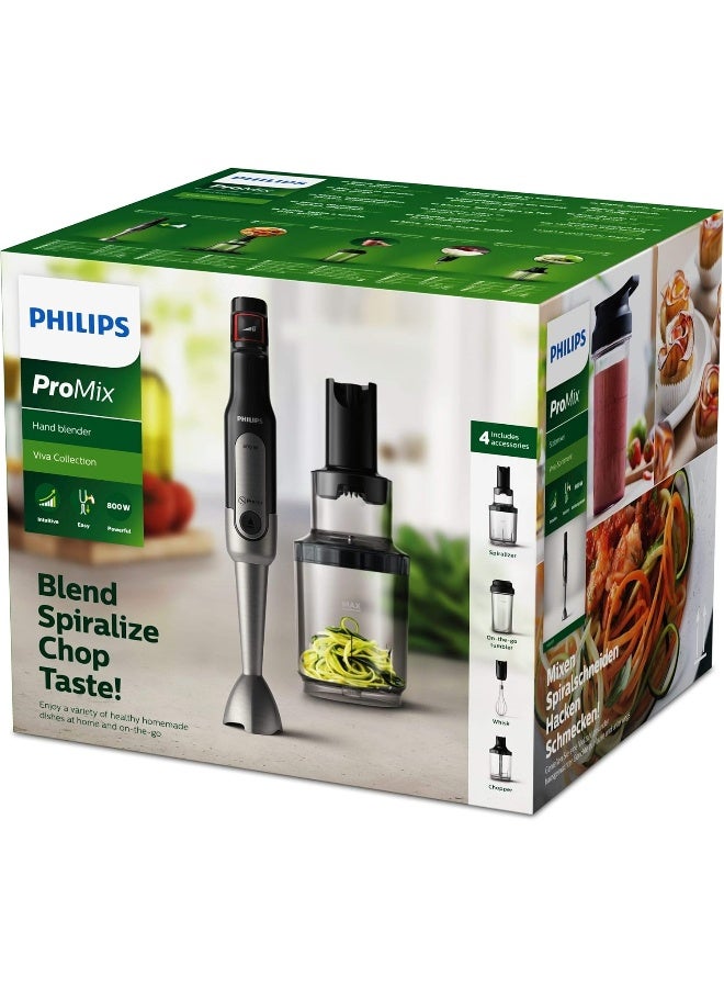 Metal Bar Handblender - ProMix Technology, Speed Touch Technology, Including On-the-go tumbler + XL Chopper + Whisk + Spiralizer, HR2657/91 Silver/Black