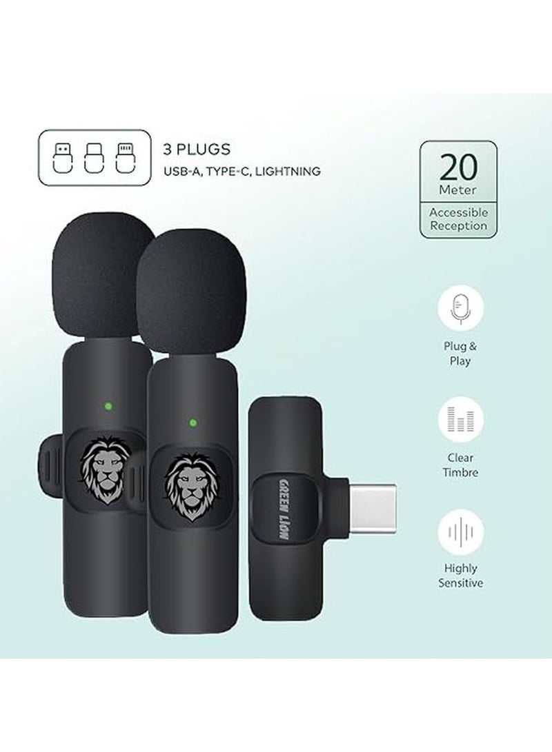 3 In 1 Wireless Microphone / 60mAh Battery Capacity / USB-A / Type-C / Lightning Plugs / 20m Accessible Reception / -42DB Sensitivity / Highly Sensitive / Digital Silicon Microphone / 64DBM Adaptive Noise Reduction / Clear Timbre / Plug & Play - Black