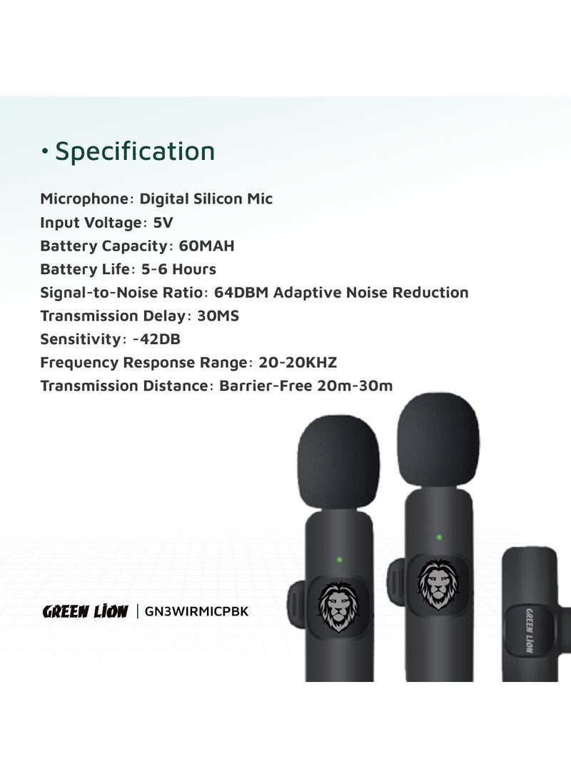 3 In 1 Wireless Microphone / 60mAh Battery Capacity / USB-A / Type-C / Lightning Plugs / 20m Accessible Reception / -42DB Sensitivity / Highly Sensitive / Digital Silicon Microphone / 64DBM Adaptive Noise Reduction / Clear Timbre / Plug & Play - Black