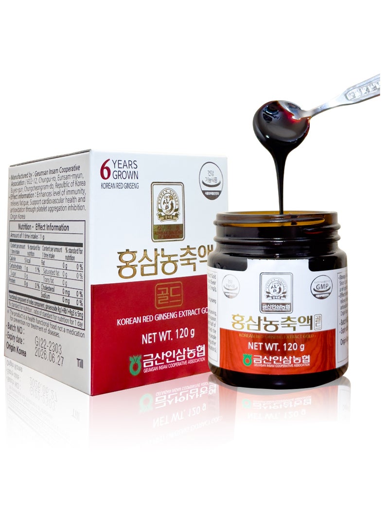 Korean 100% Pure Red Ginseng Extract Gold, 6 Years Grown , Enhance level of immunity, relieves fatigue , support cardiovascular health, zero sugar , 120g , 1g per serving  1 to 3 times daily.