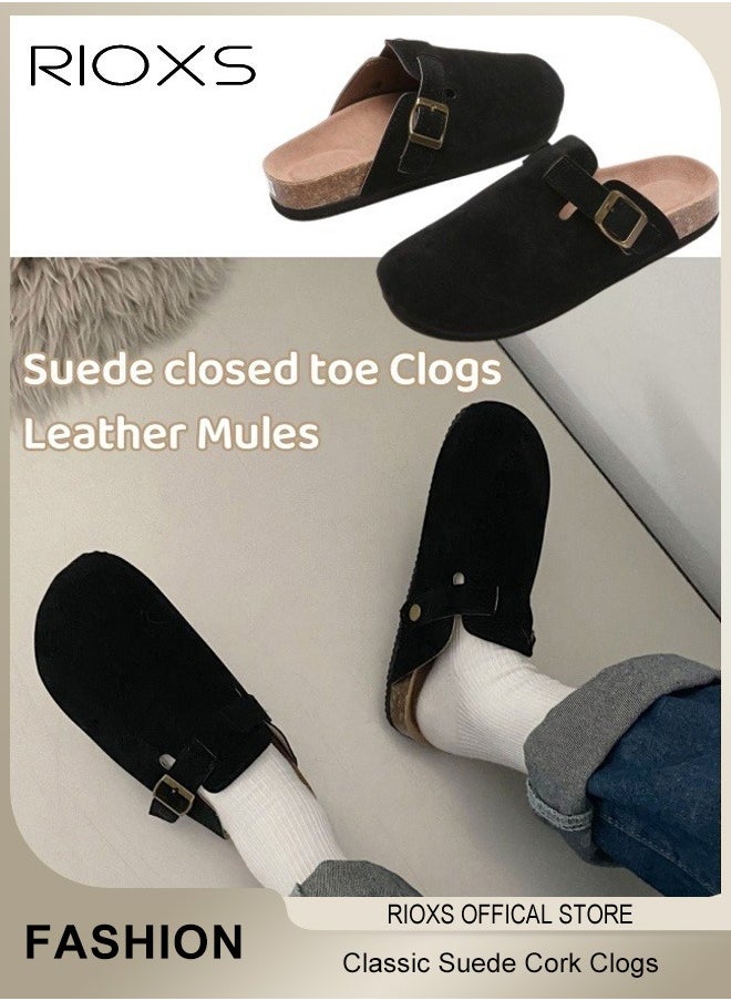 Unisex Suede Clogs,Premium Suede Leather Clogs Sandals For Women And Men,Anti-Slip Flat Mules,Classic Slip-On Closed Toe Slippers,Clogs With  Arch Support And Adjustable Buckle,Casual Clogs For Indoors Outdoor Activities