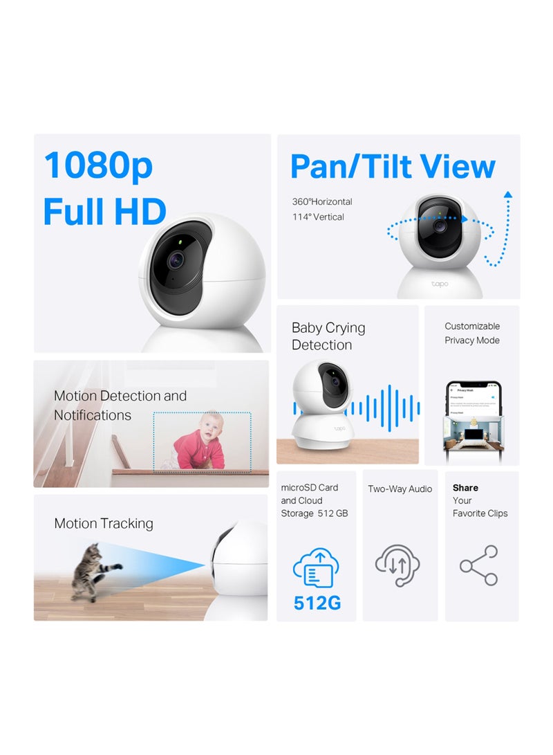 TC70 Pan/Tilt Home Security Wi-Fi CCTV Camera – 1080p HD Video, 360° Coverage, Advanced Night Vision, Motion Detection Alerts, Two-Way Audio, and Voice Control with Google Assistant & Alexa