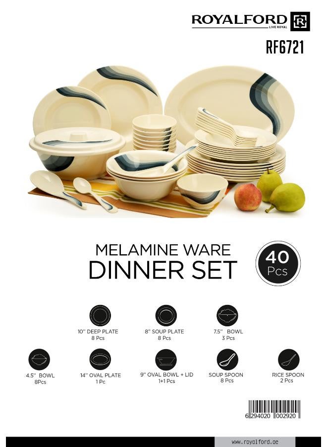 40-Piece Melamlne Floral Dinner Set With 8X25Cm Deep Plates, 8X20Cm Soup Plates, 1X36Cm Oval Plate, 1X23Cm Oval Bowl With Lid, 8Xsoup Spoons, 2Xrice Spoons, Serves 8 For Famlly Gatherings, Beige Beige/Green 49x27x20cm