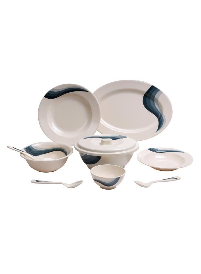 40-Piece Melamlne Floral Dinner Set With 8X25Cm Deep Plates, 8X20Cm Soup Plates, 1X36Cm Oval Plate, 1X23Cm Oval Bowl With Lid, 8Xsoup Spoons, 2Xrice Spoons, Serves 8 For Famlly Gatherings, Beige Beige/Green 49x27x20cm