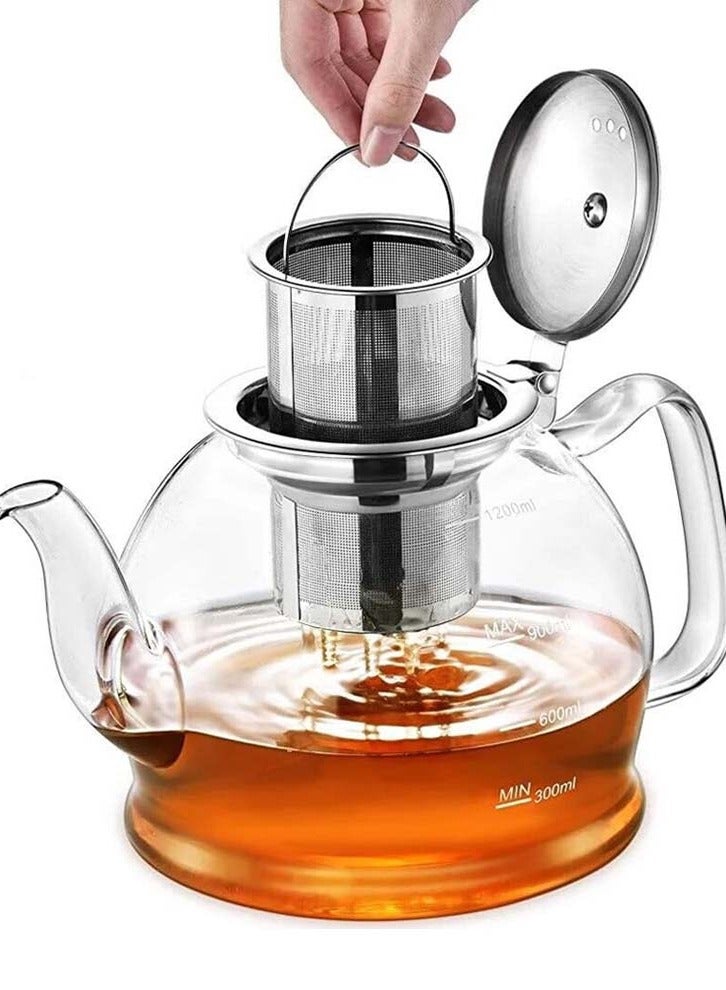 Borosilicate Glass Teapot 1200 ML with Stainless Steel Infuser with Lid