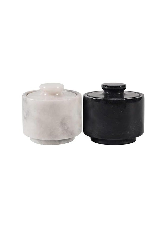 Handmade Marble Black and White Salt Cellar Set of 2 Bowls Decor for Kitchen Counter