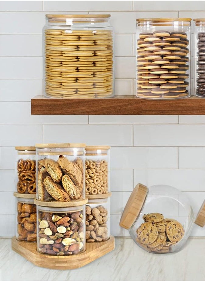 Borosilicate Glass Food Storage Jars with Bamboo Lids and Wooden Base Set of 6 of 16oz