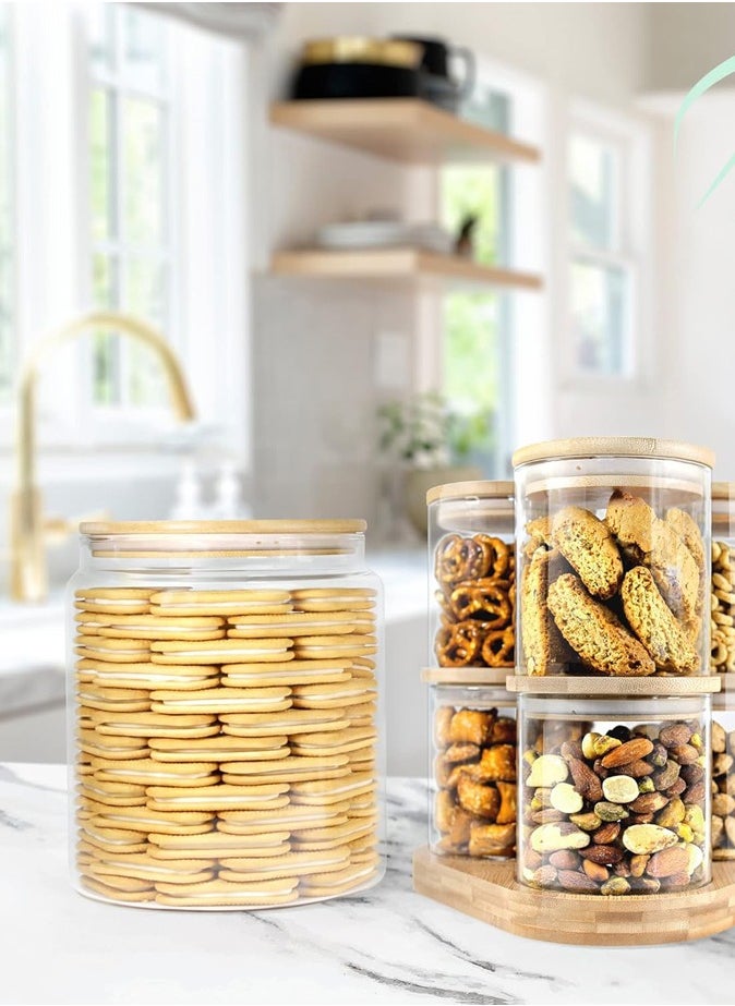 Borosilicate Glass Food Storage Jars with Bamboo Lids and Wooden Base Set of 6 of 16oz