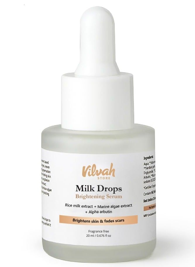 Vilvah Store Milk Drops Brightening Serum Formulated With Rice Milk Extract Marine Algae Extract Alpha Arbutin  Fades Scars Brightens Skin And Even