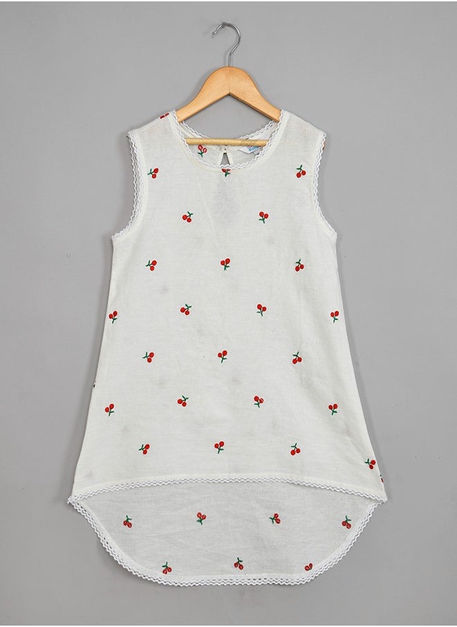 Cherry embroidered long tail cotton top with short set for girls