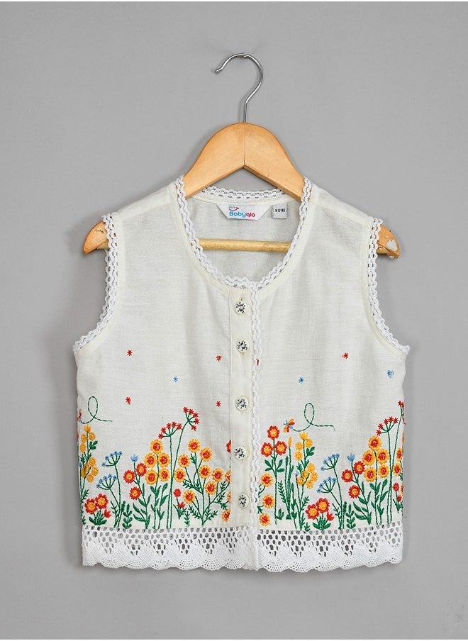 Pure cotton crop top with multicolor flower embroidery and short set for girls