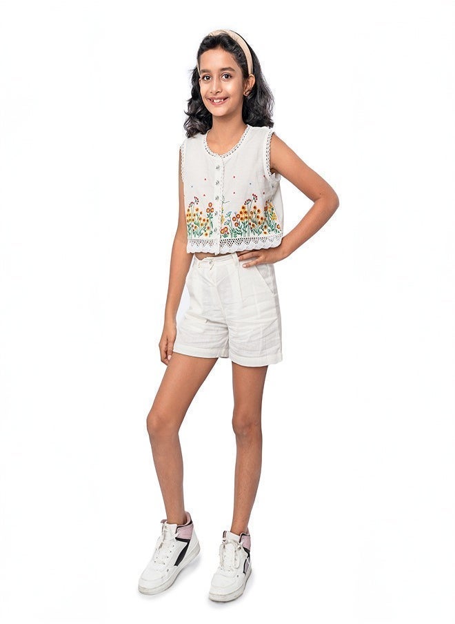 Pure cotton crop top with multicolor flower embroidery and short set for girls