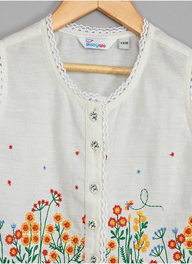 Pure cotton crop top with multicolor flower embroidery and short set for girls