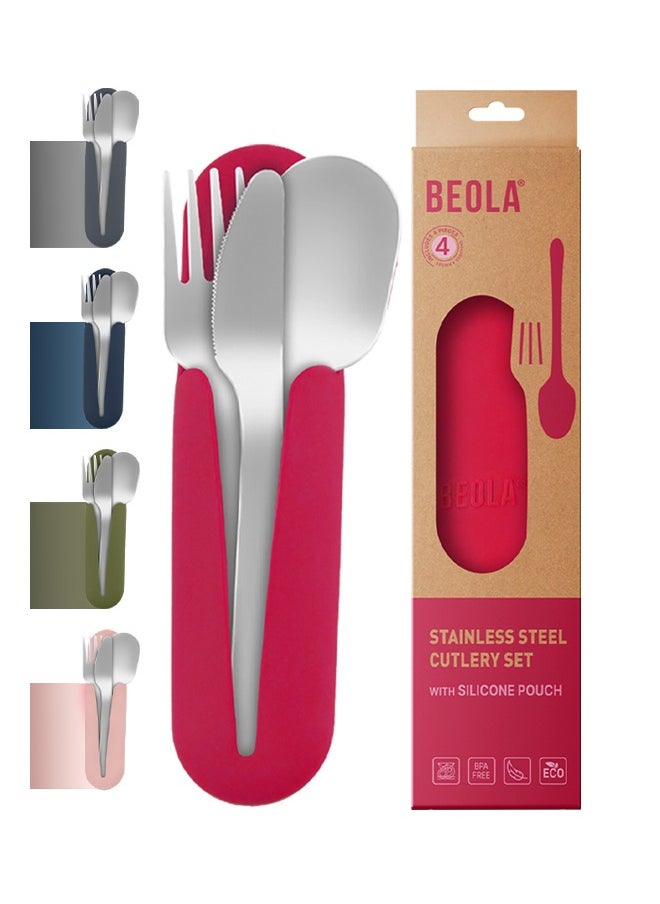 Stainless Steel Cutlery Set, Travel Utensils Set with Silicone Case Pouch, Fork Spoon Knife Camping Set, Cutlery Set for Kids School, Set of 4 (Raspberry)