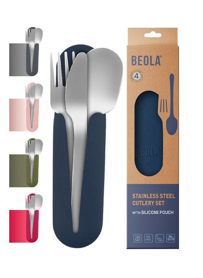 Stainless Steel Cutlery Set, Travel Utensils Set with Silicone Case Pouch, Fork Spoon Knife Camping Set, Cutlery Set for Kids School, Set of 4 (Marine Blue)