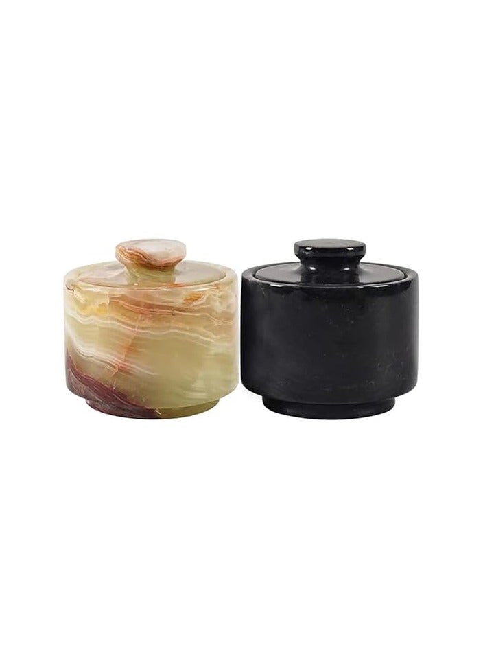 Handmade Marble black and green Salt Cellar Set of 2 Bowls Decor for Kitchen Counter
