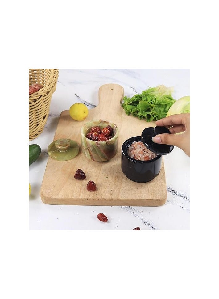 Handmade Marble black and green Salt Cellar Set of 2 Bowls Decor for Kitchen Counter
