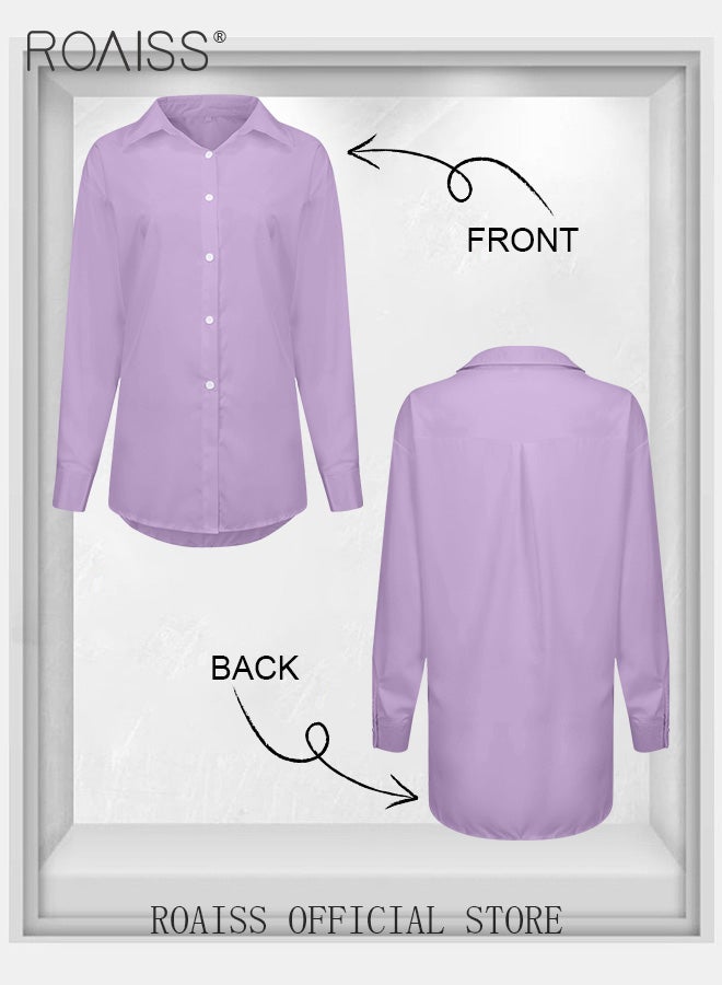 Ladies Comfortable Lapel Shirt for Daily Commute - Single-Breasted Long Sleeve Top with Simple Solid Color Design and Loose Fit