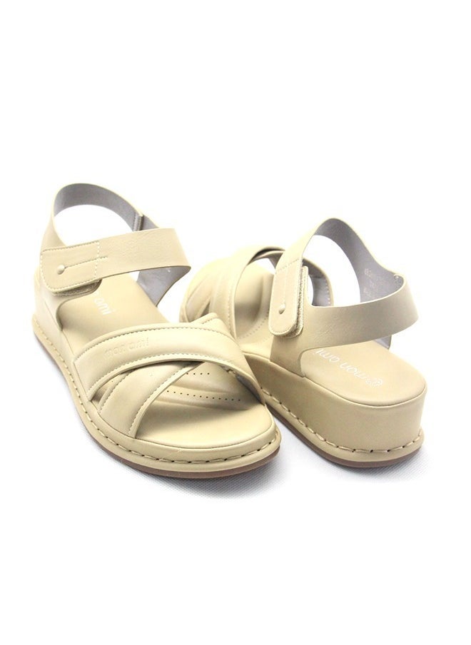 SD Felano Women’s Beige Comfort Sandals – Faux Leather Slip-On Walking Sandals with Velcro Closure and Cushioned Sole for Casual and Daily Wear