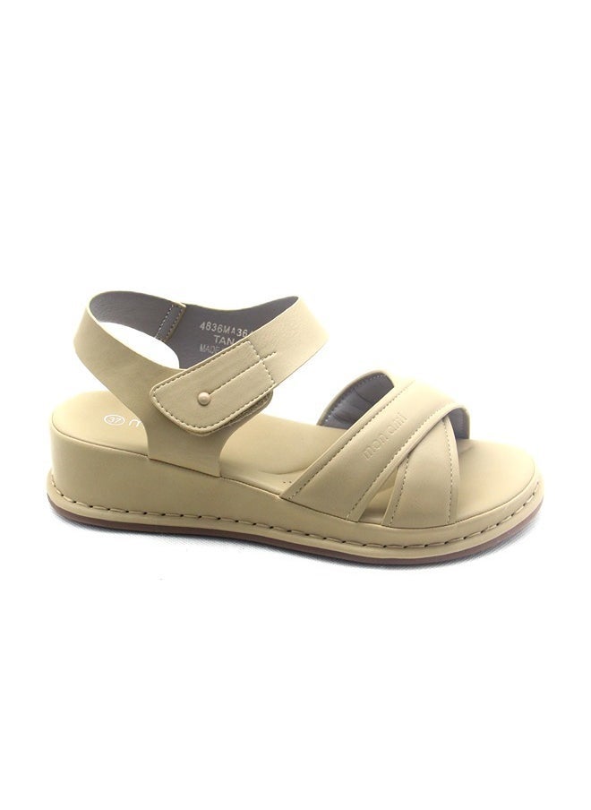 SD Felano Women’s Beige Comfort Sandals – Faux Leather Slip-On Walking Sandals with Velcro Closure and Cushioned Sole for Casual and Daily Wear